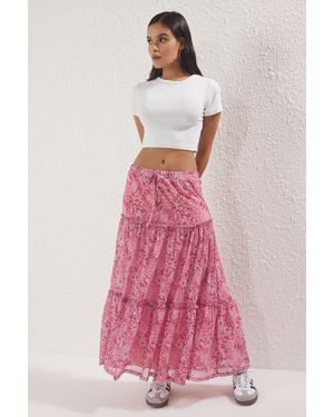 Trendyol Rosafarbener, Dehnbarer Rock Mit Blumenmuster Aus Tüll Mit Raffung/Drapierung Für Damen - Pink