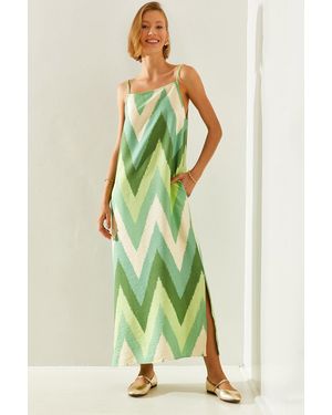 Bianco Lucci Gemustertes Kleid Mit Schlitz Und Seilträgern Fr023 Für Damen - Grün