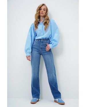 Trend Alaçatı Stili Blaue Palazzo-Jeanshose Aus Gewaschenem Lycra Mit Hoher Taille Für Damen