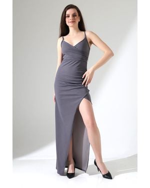 Deafox Graues Importiertes Kleid Aus Kreppstoff Mit Dünnen Trägern Und Zweireihigem Ausschnitt Und Schlitz Für Damen