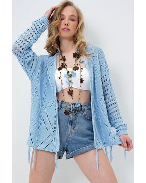 Trend Alaçatı Stili Ausleger-Rock Mit Blauem Rücken Und Schmetterlingsmotiv, Ethno-Häkel-Cardigan Mit Quasten Für Damen