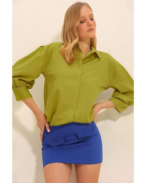 Trend Alaçatı Stili Ölgrünes Basic-Popeline-Hemd Mit Ballonärmeln Für Damen - Gelb