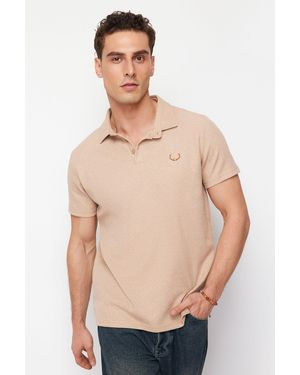 Trendyol Kamelfarbenes T-Shirt Mit Polokragen Und Stickerei-Details - Natur