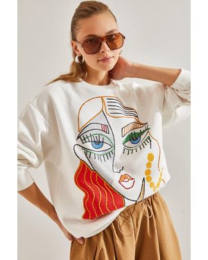 Bianco Lucci Übergroßes Sweatshirt Mit Dreifädigem, Erhabenem Aufdruck Für Damen - Weiß