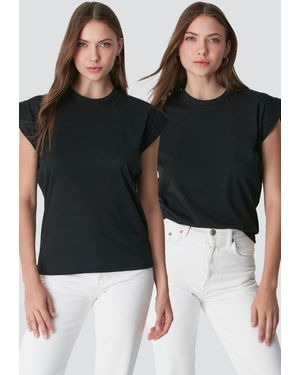 C&City 2-Teiliges Rundhals-Basic-T-Shirt Kurzarm, 958 Für Damen - Schwarz
