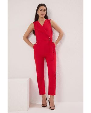 Trendyol Weißer, Farbblockierter, Zweireihiger, Gewebter Overall Mit Kragen Und Bindedetail Für Damen - Rot