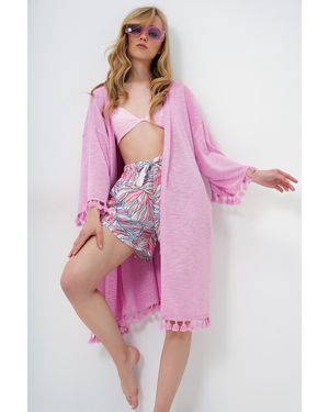 Trend Alaçatı Stili Gestrickter Crinkle-Kimono Mit Quasten Für Damen - Pink
