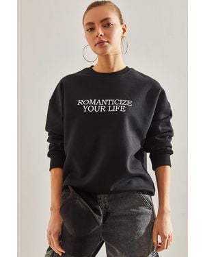 Bianco Lucci Sweatshirt Mit Textdruck Und Dreifädigem Relief Für Damen - Schwarz
