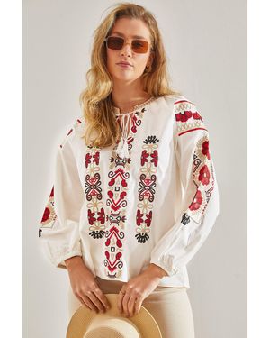 Bianco Lucci Modest Bestickte Bluse Aus Leinen – Bindekragen Für Damen - Weiß