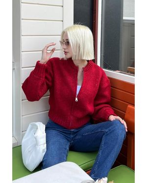 Madmext Langärmliger Roter Strickcardigan Mit Reißverschluss