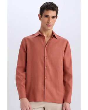 Defacto 100 Leinen, Reguläre Passform, Polokragen, Sommer-Basic, Einfarbig, Langarmshirt Für Herren - Orange