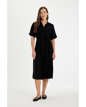 Defacto Geknöpftes, Kurzärmliges Midikleid Mit Gürtel D4055Axns Für Damen - Schwarz
