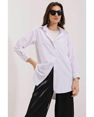 Bigdart 20217 Gestreiftes Oversize-Shirt Taschendetail Für Damen - Weiß