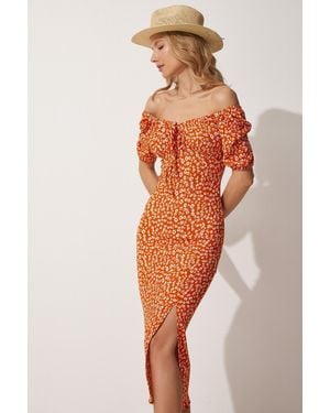 Happiness İstanbul Orangefarbenes Sommer-Strickkleid Mit Carmen-Kragen Und Schlitz Für Damen