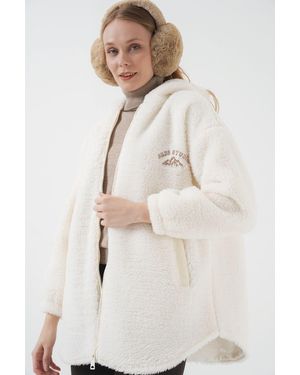 Bigdart 9102 Übergroßer Weißer Plüschmantel Mit Kapuze Für Damen - Natur