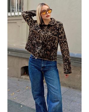 Swist Mix Leopard Covered Polo Collar Buttoned Knitwear Crop Jacket Für Damen - Blau
