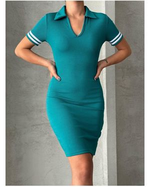 BEJNA Petrolgrünes Flexibles Kleid Mit Polokragen Und Streifen Für Damen - Blau