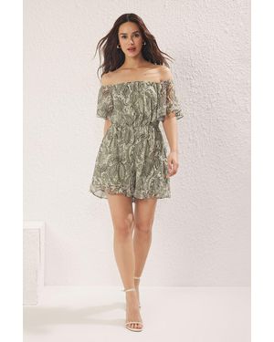 Trendyol Gemusterter, Mit Chiffon Gefütterter, Gewebter Overall Mit Weitem Bein Für Damen - Natur