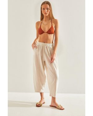 Bianco Lucci Leinenhose Mit Elastischem Bund Und Tasche Für Damen - Natur