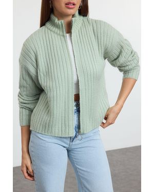Edit by Trendyol Mintfarbener, Weicher, Strukturierter, Schmaler Strick-Cardigan Mit Reißverschluss Für Damen - Grün