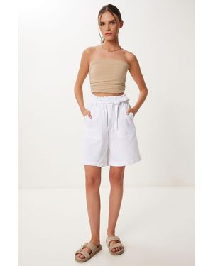 Happiness İstanbul Off- Belted City Boy Leinen Shorts Für Damen - Weiß