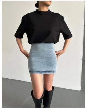 My Blog Schwarzes, Wattiertes Mini-T-Shirt-Kleid Mit Denim-Detail Für Damen