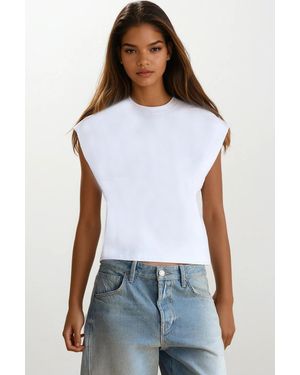 Trend Alaçatı Stili Weißes, Ärmelloses T-Shirt Mit Rundhalsausschnitt Und Gepolsterten Schultern Für Damen