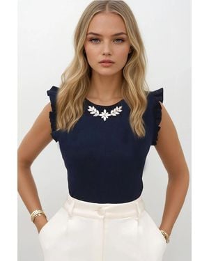 Trend Alaçatı Stili Marineblaue Camisole-Bluse Mit Rüschenärmeln Und Metall-Accessoires Für Damen