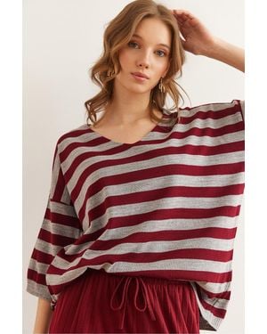 Olalook Graue Gestreifte Kurzarm-Strickbluse Mit V-Ausschnitt Blz- 19002837 Für Damen - Rot