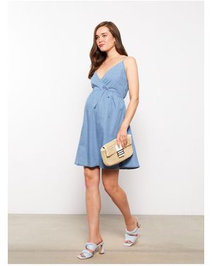 LC Waikiki Zweireihiges Rodeo-Jeanskleid Mit Geradem Träger Und Zweireihigem Ausschnitt Für Damen - Blau