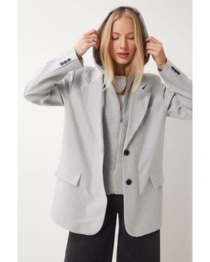 Happiness İstanbul Hellgraue Blazerjacke Mit Kapuze Und Detailliertem Webmuster Fn03440 Für Damen