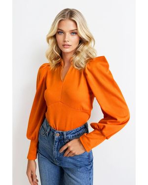 Trend Alaçatı Stili Orangefarbene, Gewebte Crop-Bluse Mit Stehkragen Und Prinzessinnenärmeln Für Damen
