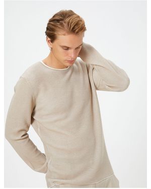 Koton Strickpullover Mit Rundhalsausschnitt, Strukturiert, Schmale Passform, Lange Ärmel Für Herren - Natur