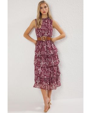 Trendyol Burgunderroter Ethnische Rock Mit Gürtel, Maxi-Webkleid Mit Taillenöffnung Für Damen