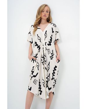Trend Alaçatı Stili Schwarzes, Gemustertes Sommer-Maxi-Webkleid Mit V-Ausschnitt Für Damen - Weiß