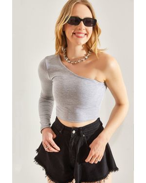 Bianco Lucci Lange Crop Bluse One Shoulder, Für Damen - Grau