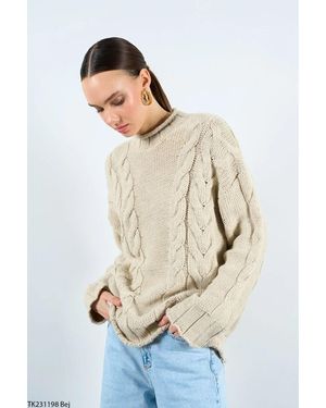 Laluvia Beigefarbener Strickpullover Mit Dickem Haargeflecht Und Rundhalsausschnitt Für Damen - Weiß