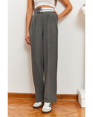 Bianco Lucci Palazzo-Hose Mit Weitem Bein, Asymmetrischer Taille Und Knöpfen Für Damen - Grau