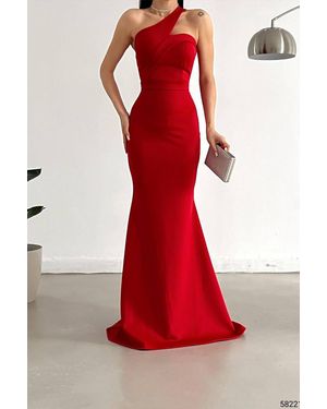 Deafox Rotes Abendkleid Aus Scuba-Stoff Mit Kreuzkragen Und Trägern Für Damen