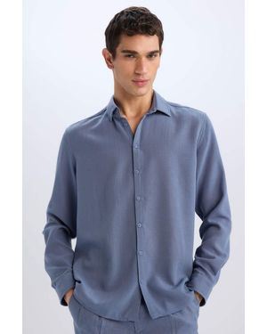 Defacto Langarmhemd Mit Polokragen Und Leinenoptik - Blau