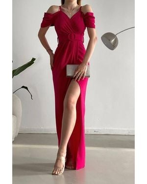 Deafox Zweireihiges Kleid Aus Fuchsia-Kreppstoff Mit Ausschnitt Und Schlitz Und Gürtel Für Damen - Rot