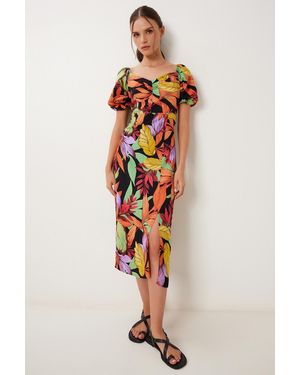 Happiness İstanbul Orangefarbenes, Schwarzes, Gemustertes Sommer-Viskosekleid Für Damen