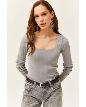 Olalook Graue Bluse Mit Quadratischem Kragen Und Dickem Rippstrick Für Damen
