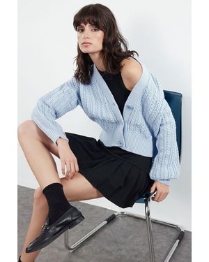 Trendyol Weich Strukturierter Blauer Crop-Strick-Cardigan – Für Damen - Weiß