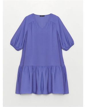 LC Waikiki Einfarbiges Kleid Mit V-Ausschnitt Und Ballonärmeln Für Damen - Lila