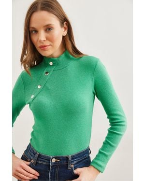 Olalook Bluse Aus Lycra Mit Knöpfen, Halblang, Mit Knopfleiste, Für Damen - Grün
