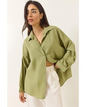 Bianco Lucci Jacquard-Leinenhemd Für Damen - Grün