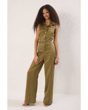 Trendyol Overall Mit Weitem Bein Und Grünem Gürtel Für Damen - Natur