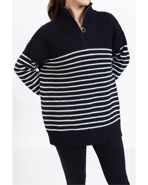 macharelbasic Gestreifter Strickpullover Mit Reißverschlussdetail Am Kragen Für Damen - Blau