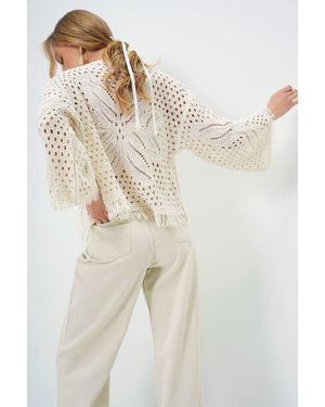 Trend Alaçatı Stili Cremefarbener Rücken Mit Schmetterlingsmotiv Und Quasten, Saisonaler Cardigan Für Damen - Natur